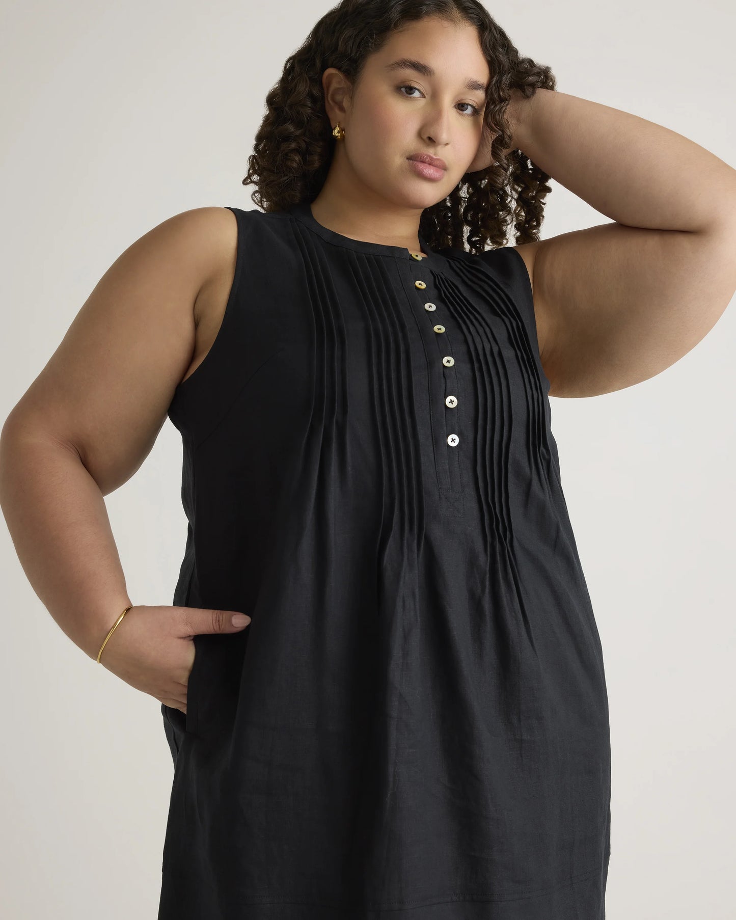 100% European Linen Sleeveless Swing Dress - 1X / Bayberry Olive
