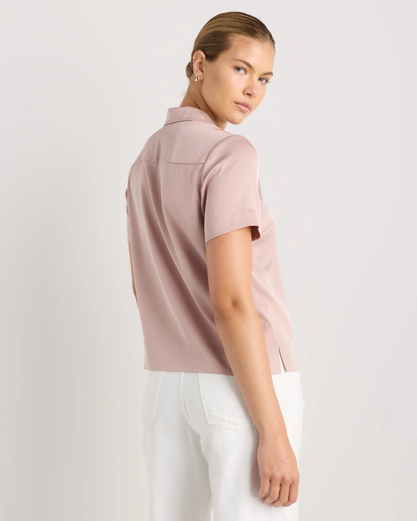 Washable Stretch Silk Short Sleeve Notch Collar Blouse - XS / Vintage Pink