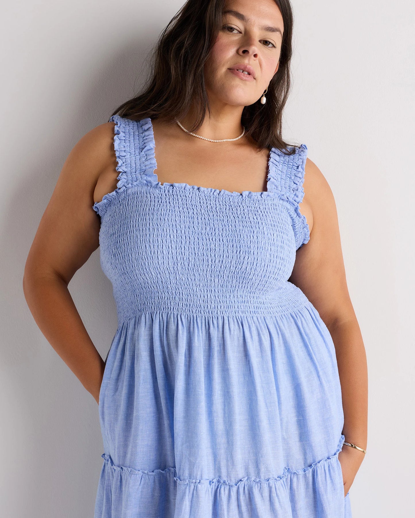 100% European Linen Smocked Midi Dress - 1X / Flax