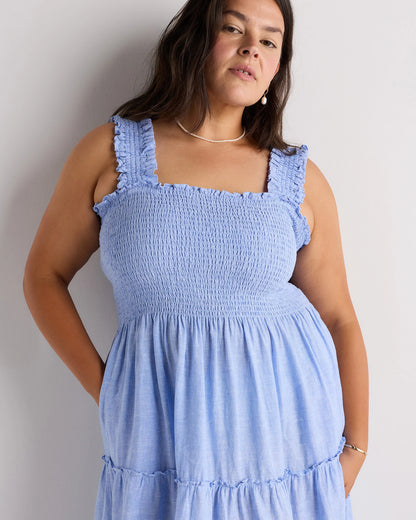 100% European Linen Smocked Midi Dress - 1X / Flax