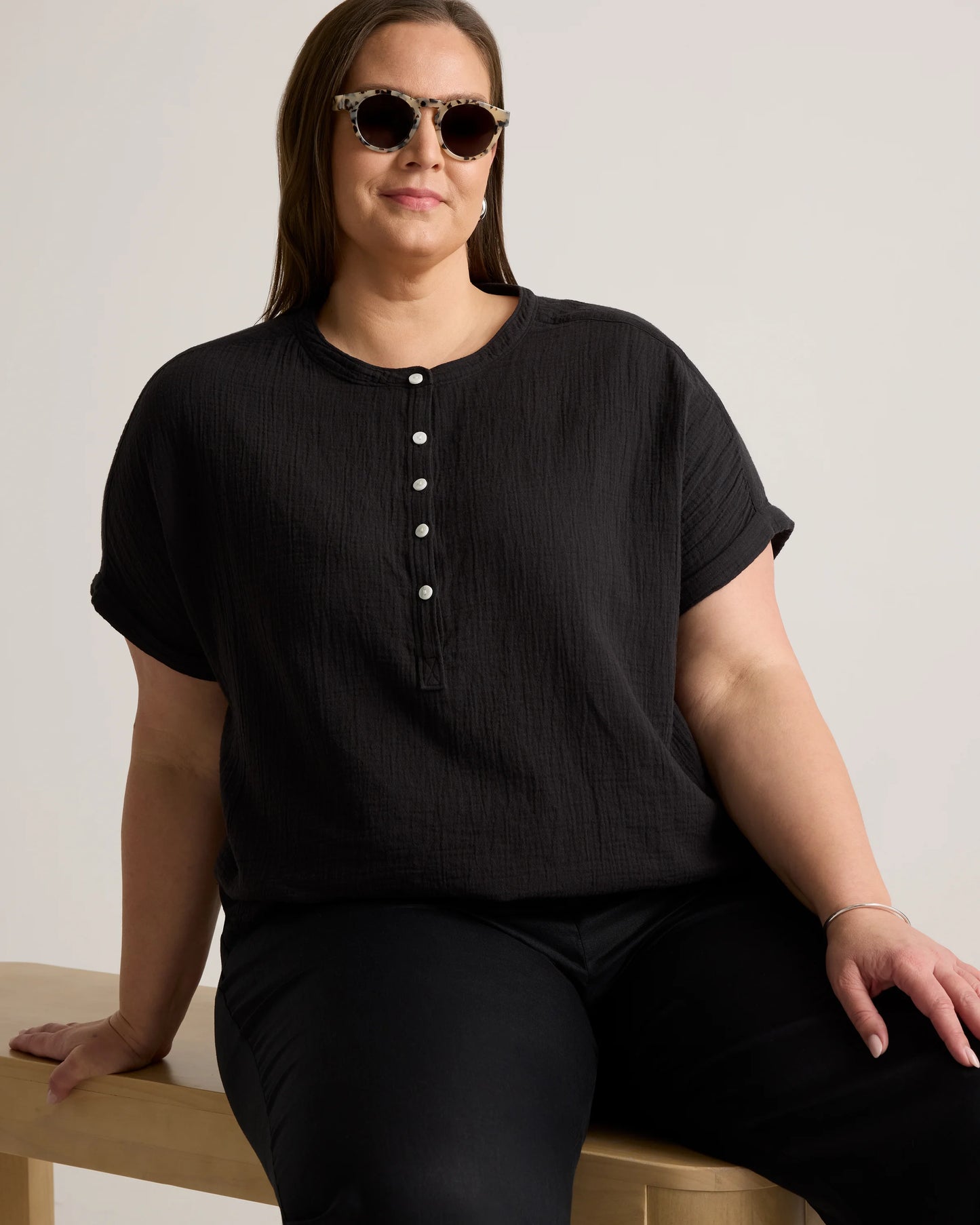 100% Organic Cotton Gauze Roll Sleeve Shirt - 1X / White