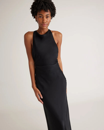 Washable Stretch Silk High Neck Midi Dress - XS / Vintage Navy Roses