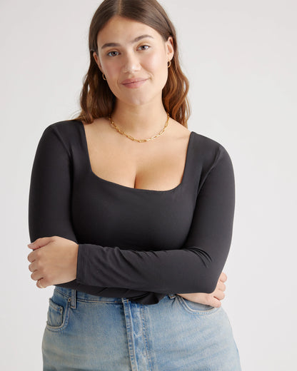 Second Skin Square Neck Long Sleeve Bodysuit - XS / Black