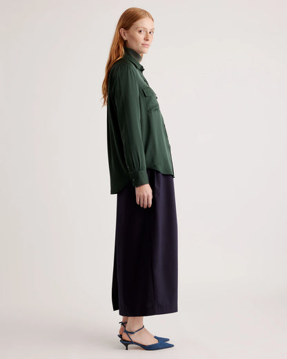 Washable Stretch Silk Utility Long Sleeve Blouse - XS / Forest Green