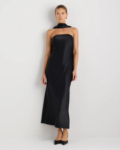 100% Washable Silk Strapless Scarf Maxi Dress - XS / Black