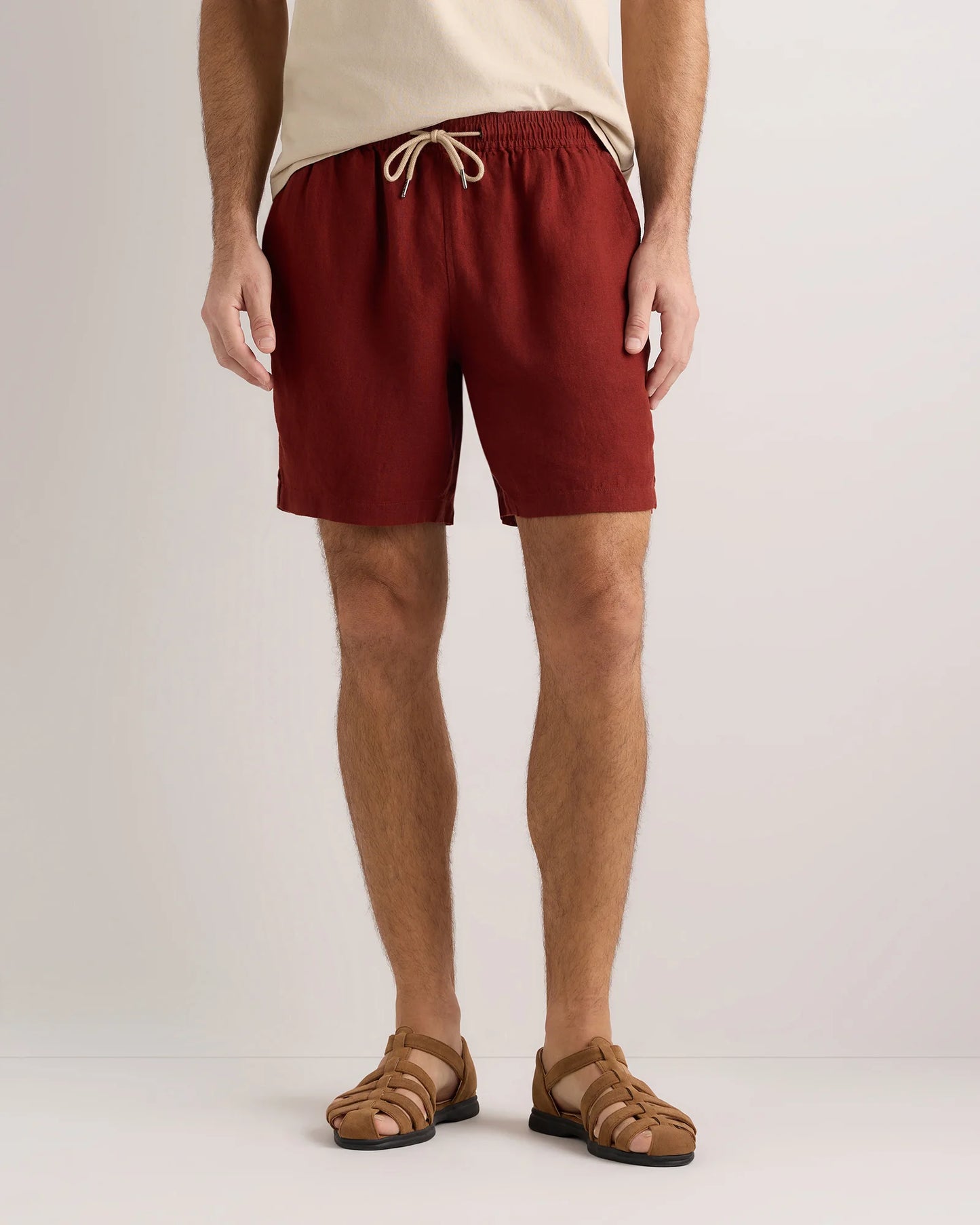 100% European Linen Drawstring Beach Shorts - 7" - XS / Taupe Brown Chambray