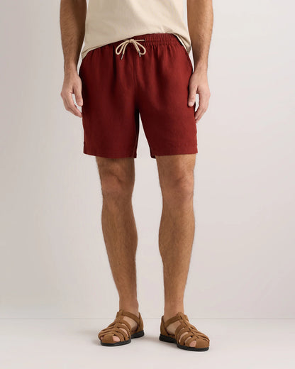 100% European Linen Drawstring Beach Shorts - 7" - XS / Taupe Brown Chambray