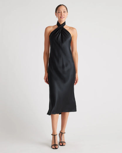 100% Washable Silk Twist Halter Midi Dress - XS / Black