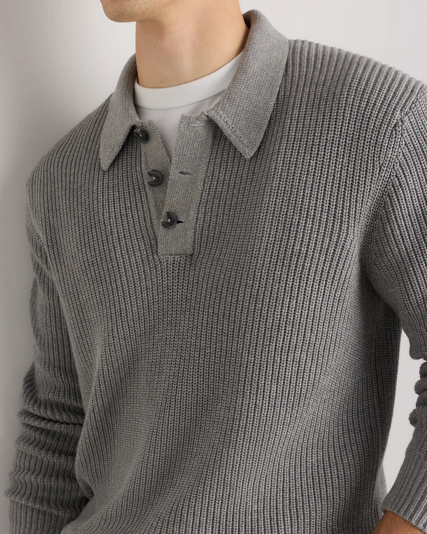 100% Organic Cotton Ribbed Polo Sweater - XS / Mid Heather Grey