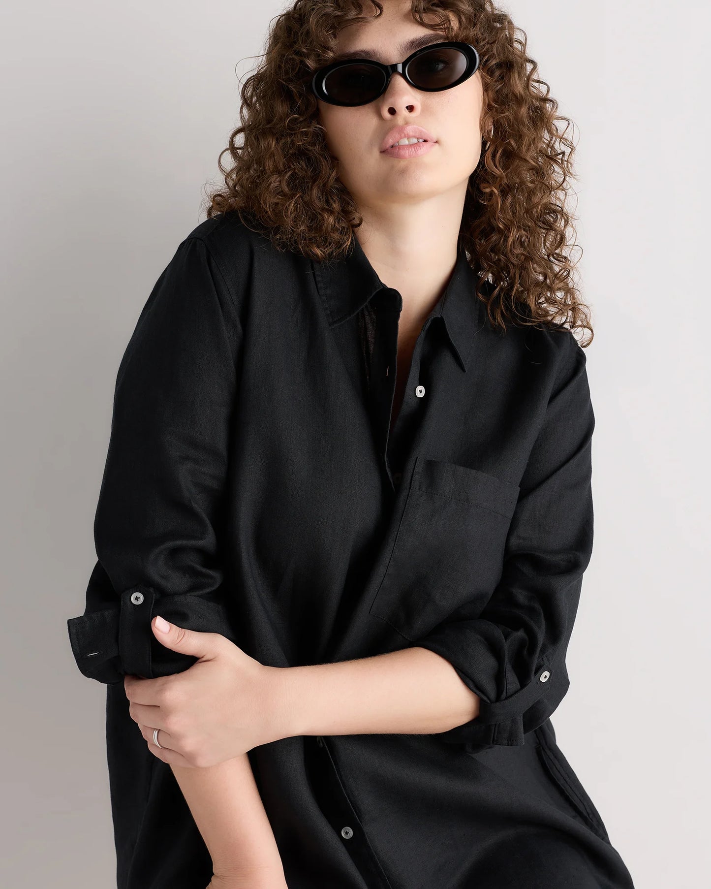 100% European Linen Shirt Dress - 1X / Black