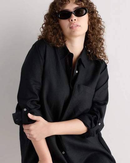 100% European Linen Shirt Dress - 1X / Black