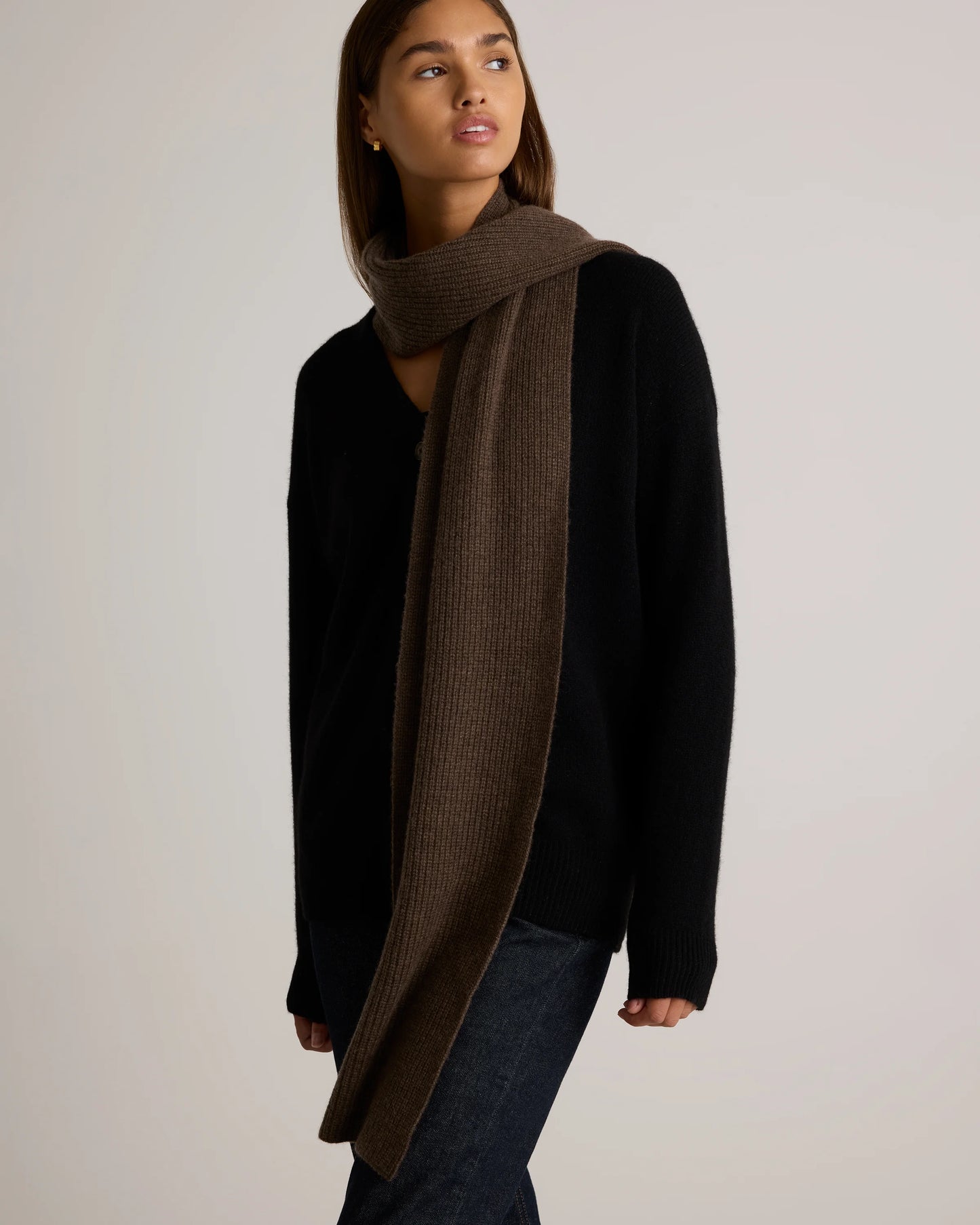 Mongolian Cashmere Ribbed Scarf - One Size / Brown