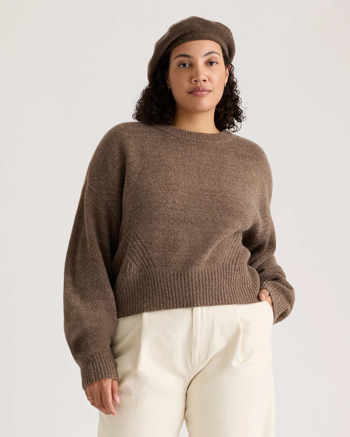 100% Yak Wool Pointelle Detail Relaxed Crew - XS / Heather Brown