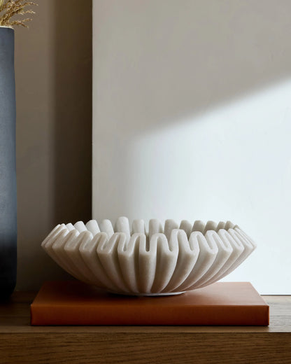 Handcrafted Fluted Marble Decorative Bowl - Large / White
