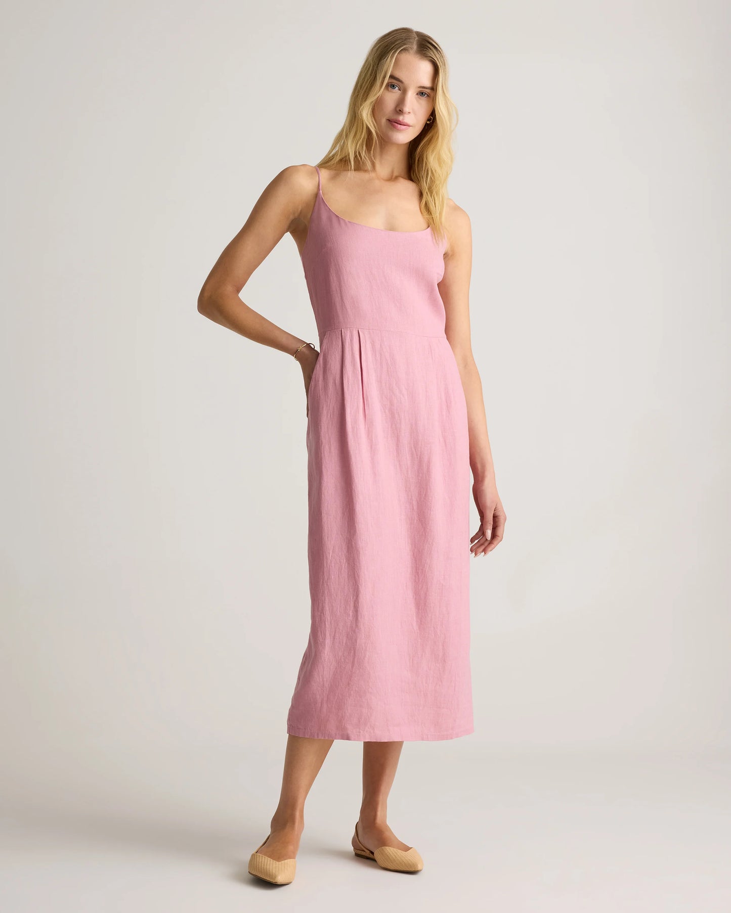 100% European Linen Scoop Neck Midi Dress - XS / Ivory Porcelain Blue Petite Floral