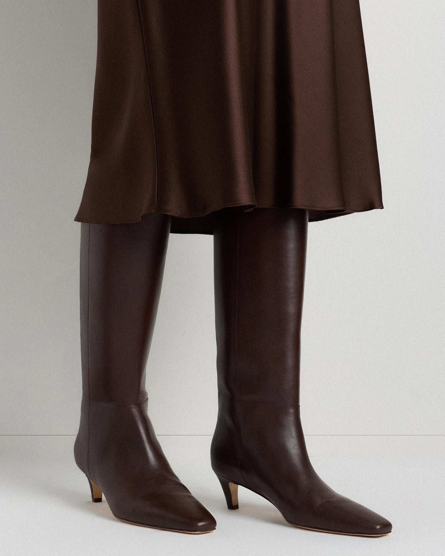 Italian Leather Tall Kitten Heel Boots - 5 / Espresso Brown