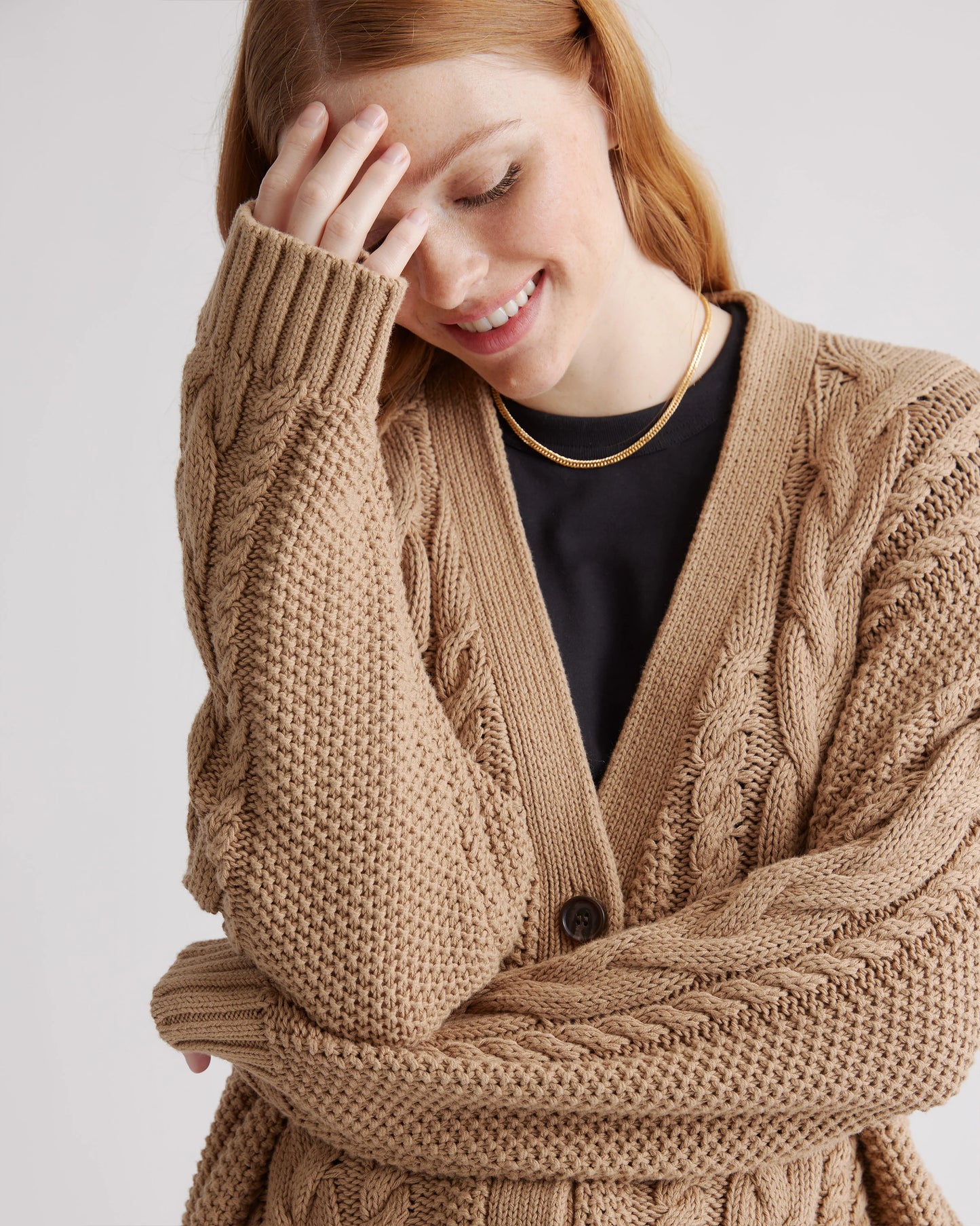 100% Organic Cotton Oversized Cable Cardigan - XS / Heather Brown