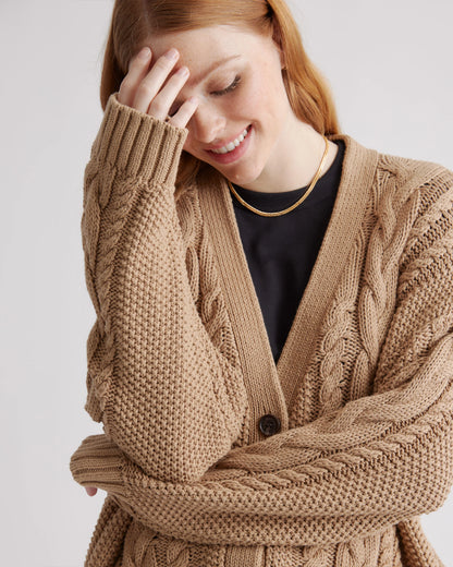 100% Organic Cotton Oversized Cable Cardigan - XS / Heather Brown