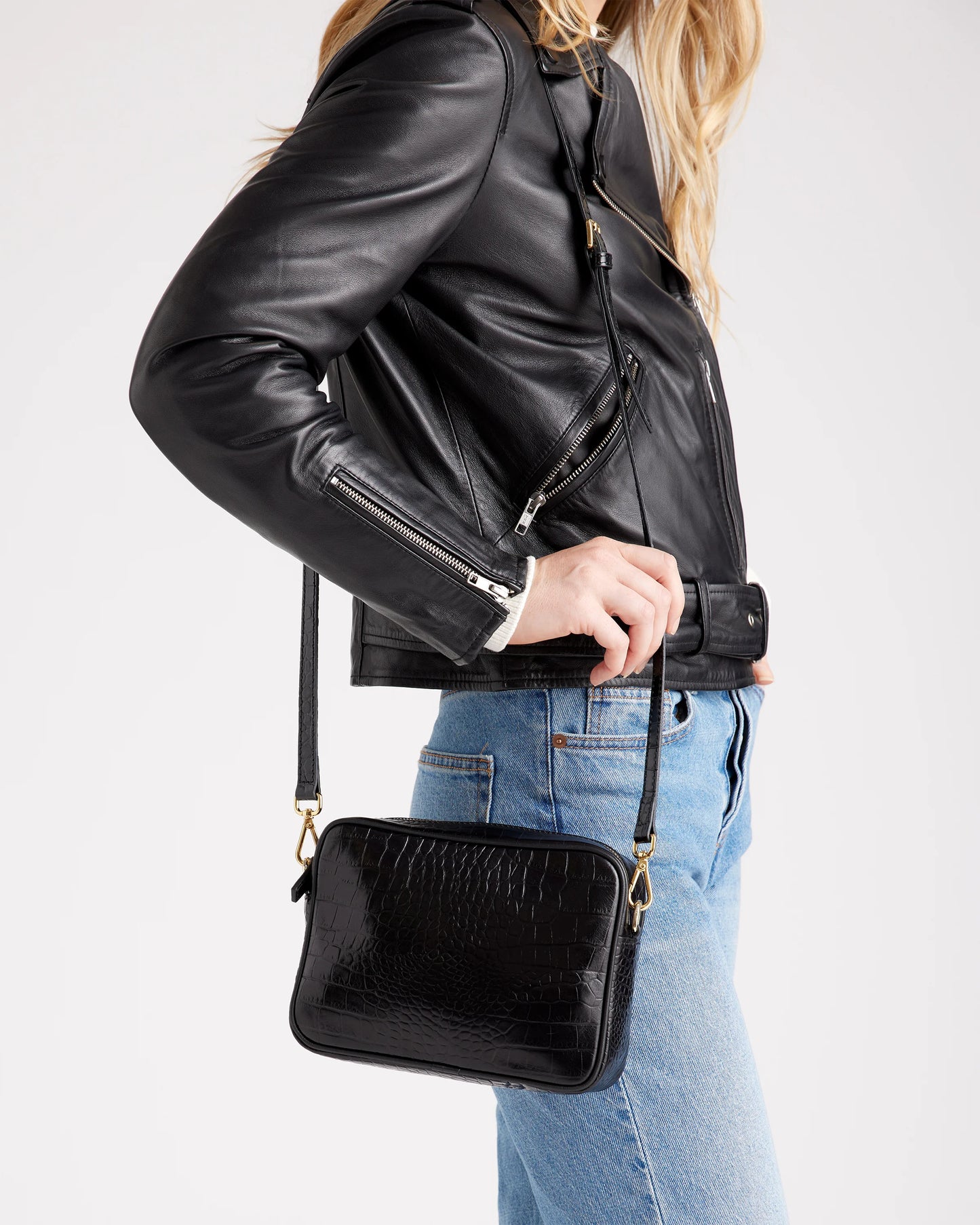 Italian Leather Crossbody Bag - One Size / Black Croco