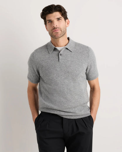 100% Mongolian Cashmere Short Sleeve Polo Sweater - S / Heather Storm Blue