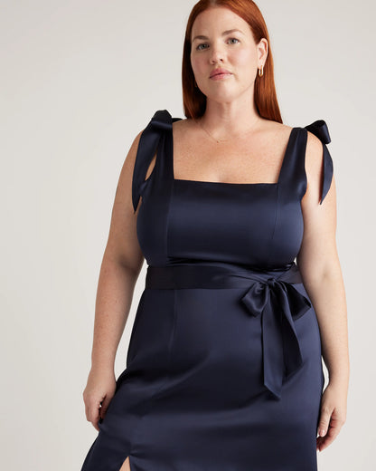 100% Washable Silk Square Neck Midi Dress - XS / Navy