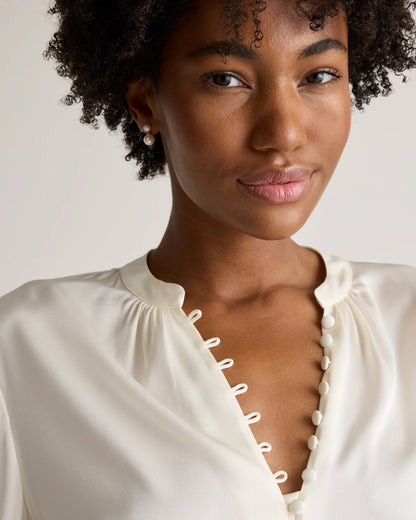 Washable Stretch Silk Peasant Blouse - XS / Ivory
