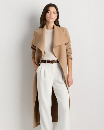 Double-Faced Merino Wool Draped Collar Wrap Coat - XS / Oat