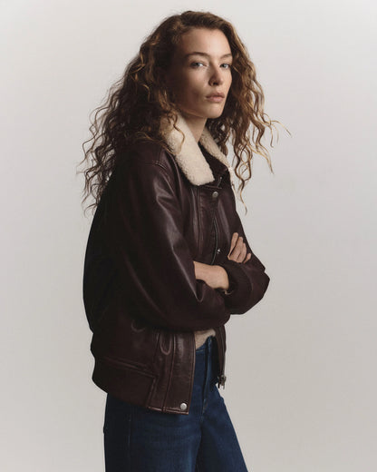 100% Leather Shearling Trim Aviator Jacket - XS / True Black