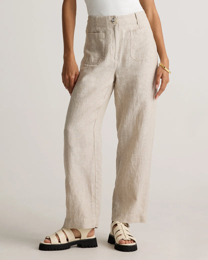 100% European Linen Patch Pocket Wide Leg Pants - 0 / Taupe Brown Chambray