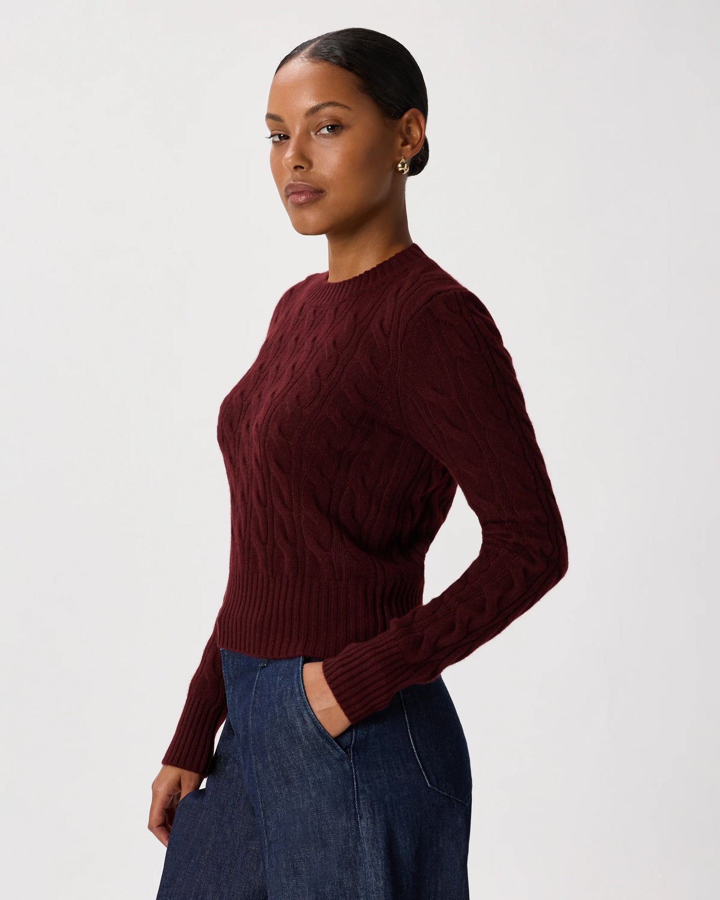 Mongolian Cashmere Shrunken Cable Crewneck Sweater - XS / Varsity Red