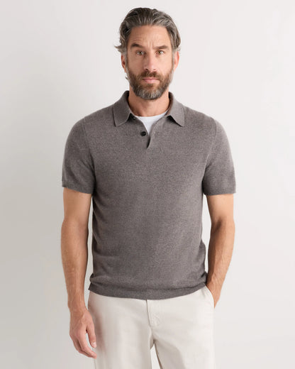 100% Mongolian Cashmere Short Sleeve Polo Sweater - S / Heather Storm Blue