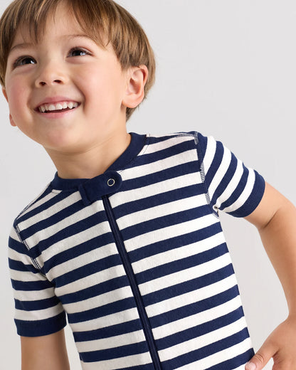100% Organic Cotton Shortie Onesie Pajama - 2T / Navy Stripe