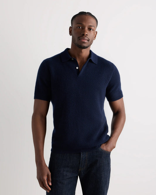 Mongolian Cashmere Waffle Short Sleeve Polo Sweater - S / True Navy