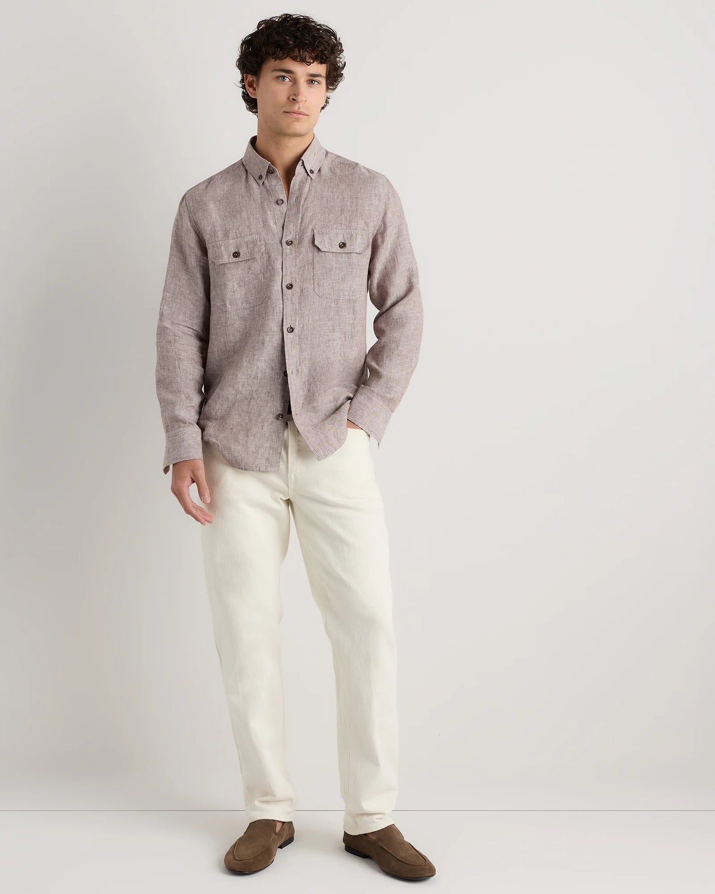 100% European Linen Utility Shirt - S / Taupe Brown Chambray