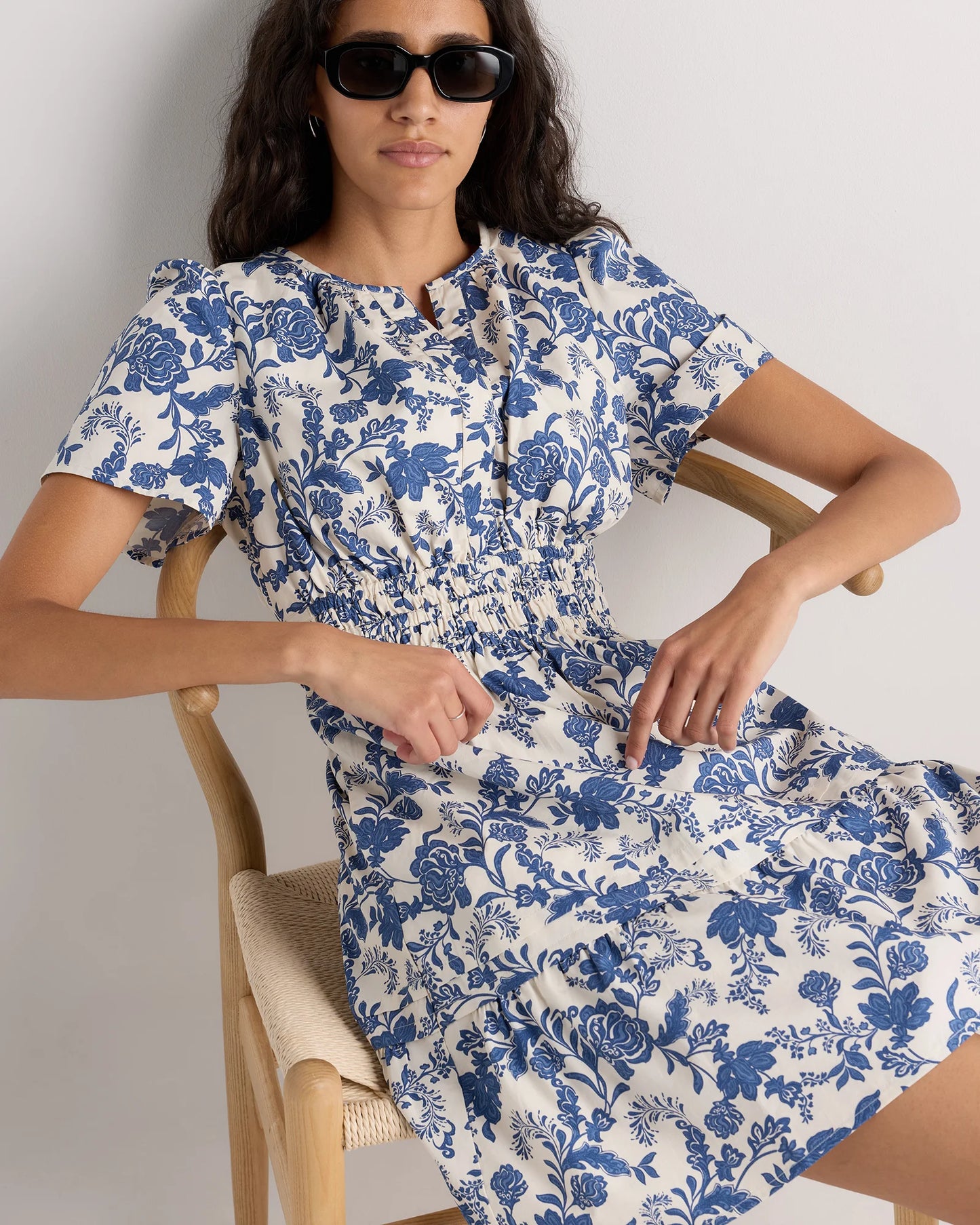 100% Organic Cotton Poplin Tiered Mini Dress - XS / Riviera Blue Heirloom Floral