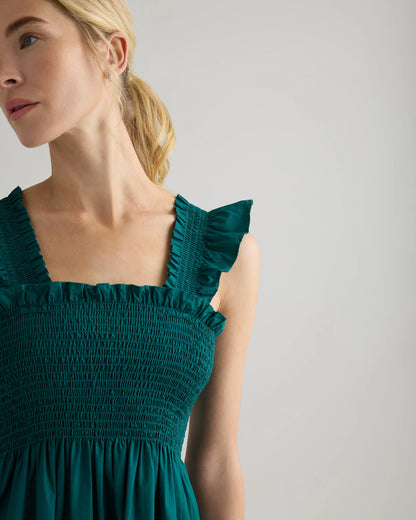 100% Organic Cotton Poplin Smocked Midi Dress - XS / Riviera Blue Heirloom Floral