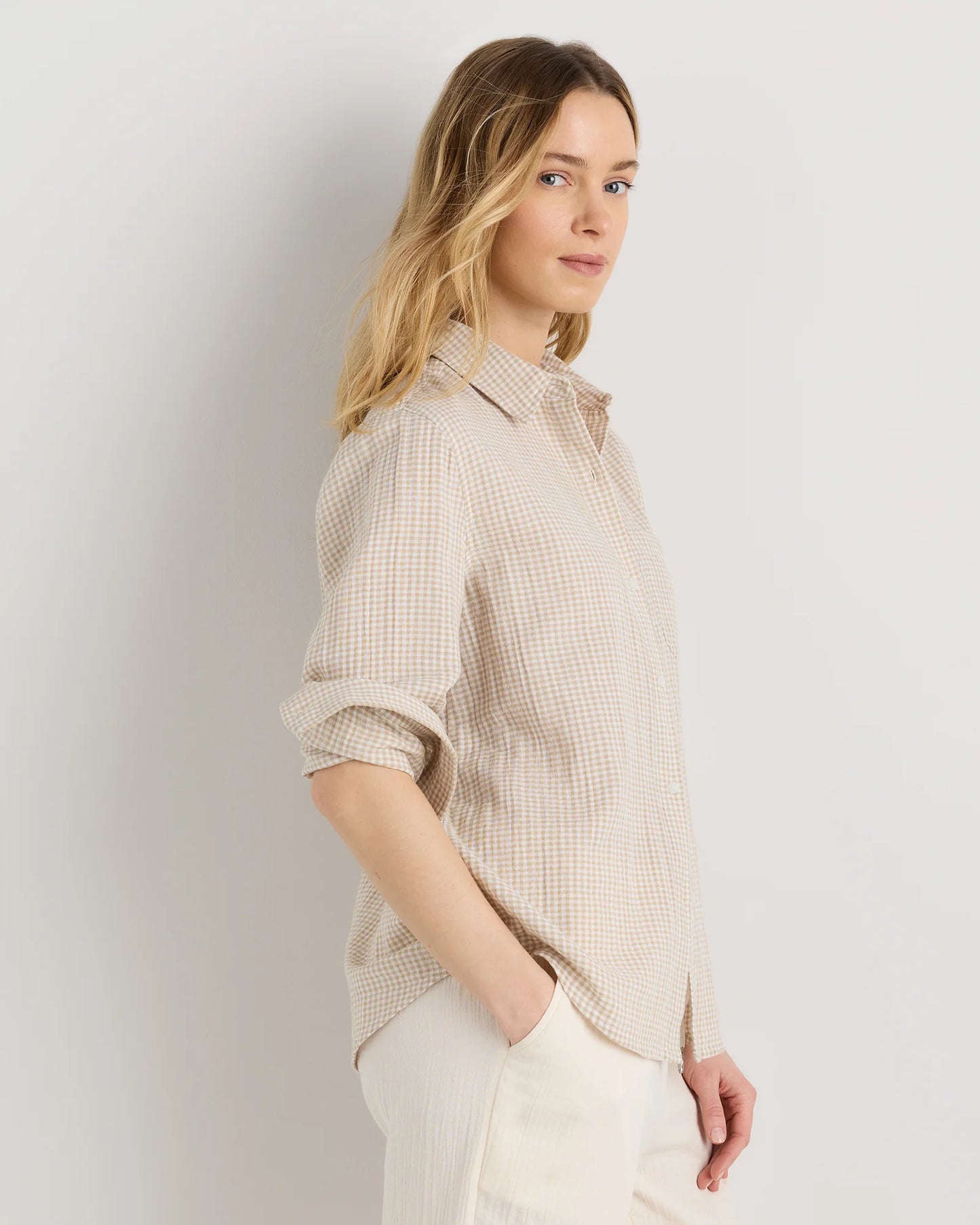100% Organic Cotton Gauze Long Sleeve Shirt - XS / Khaki Gingham