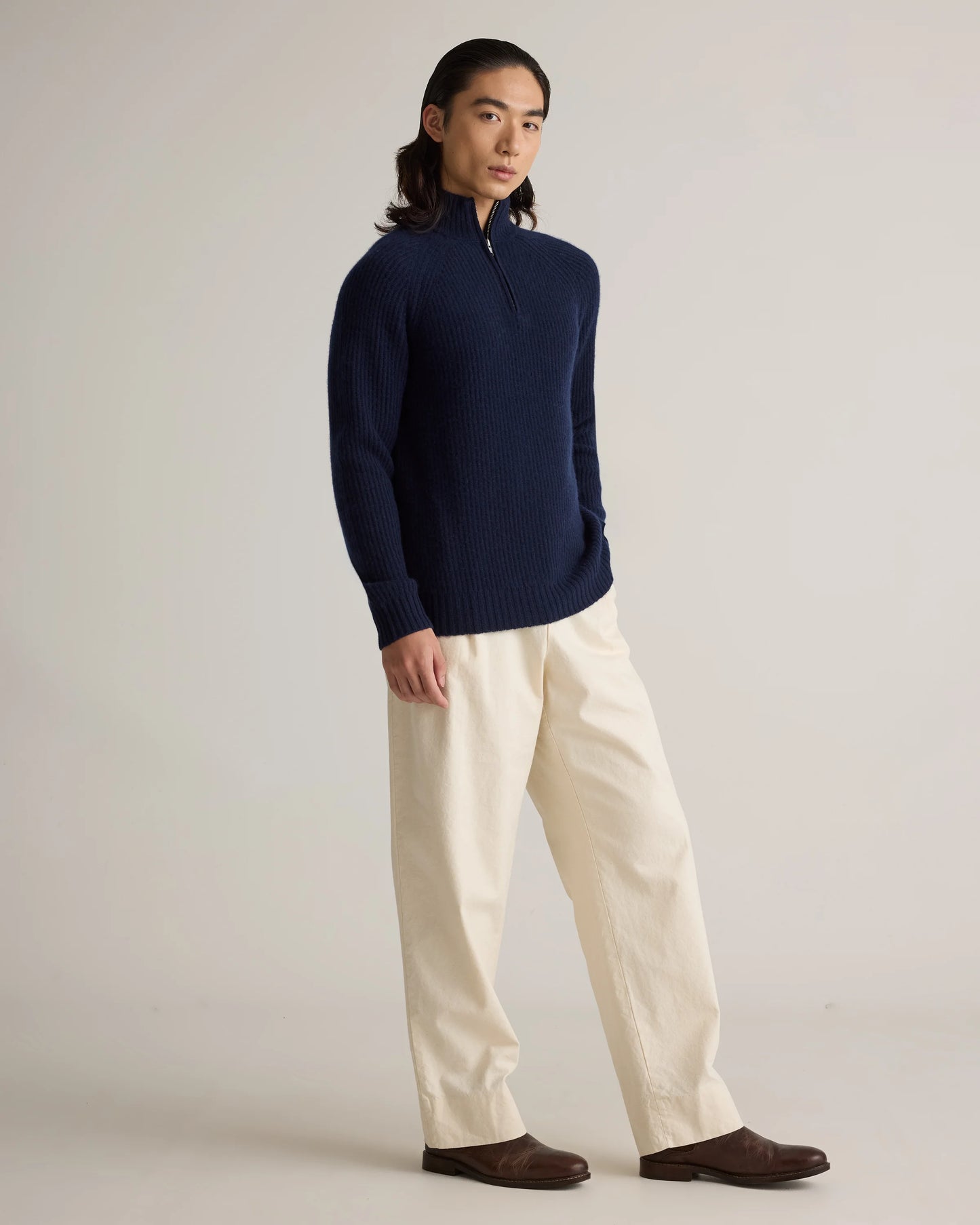 Mongolian Cashmere Fisherman Quarter Zip Sweater - S / Navy Marl
