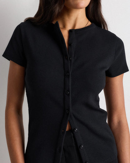 Organic Cotton Micro-Rib Button Tee - XS / Soft White