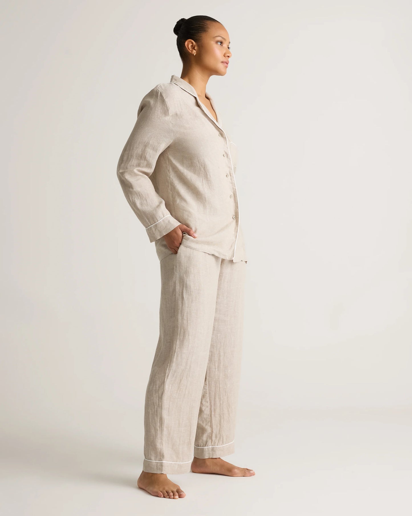 100% European Linen Long Sleeve Pajama Set with Piping - XS / Taupe Brown Gingham
