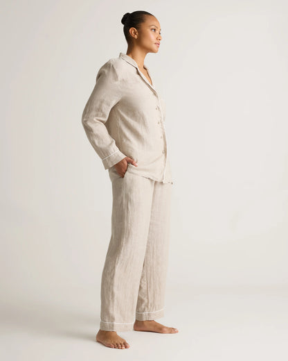 100% European Linen Long Sleeve Pajama Set with Piping - XS / Taupe Brown Gingham