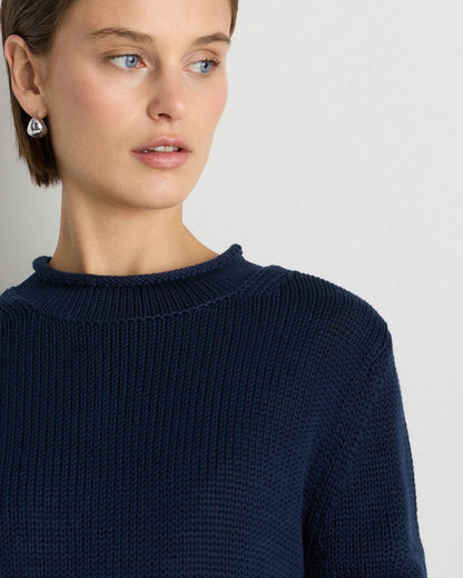 100% Organic Cotton Roll Neck Sweater - XS / Cornflower Mini Stripe