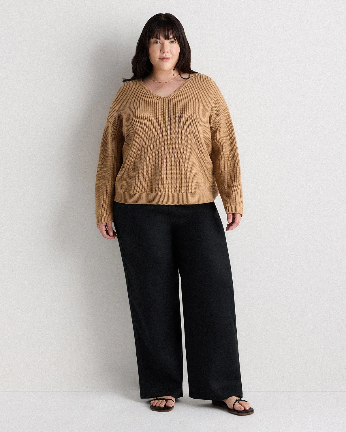 100% Organic Cotton Fisherman V-Neck Sweater - 1X / Speckled Beige