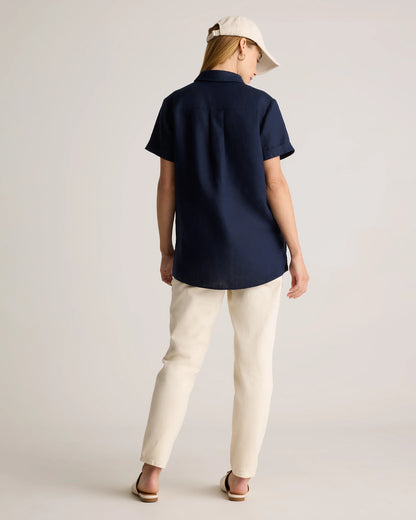 100% European Linen Maternity Camp Shirt - XS / Blue Pinstripe