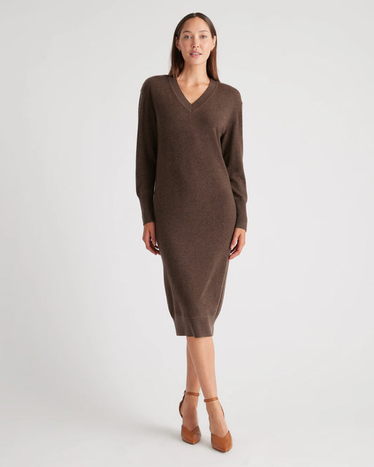 Mongolian Cashmere V-Neck Midi Sweater Dress - XS / Brown