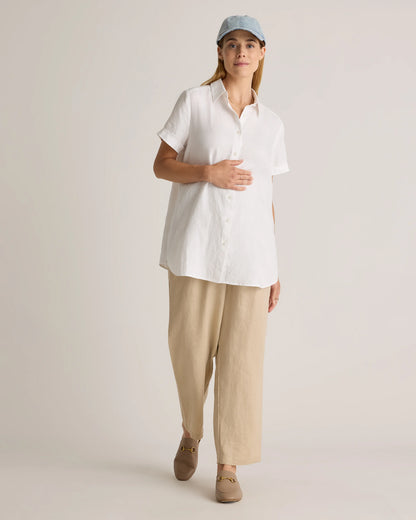 100% European Linen Maternity Camp Shirt - XS / Blue Pinstripe