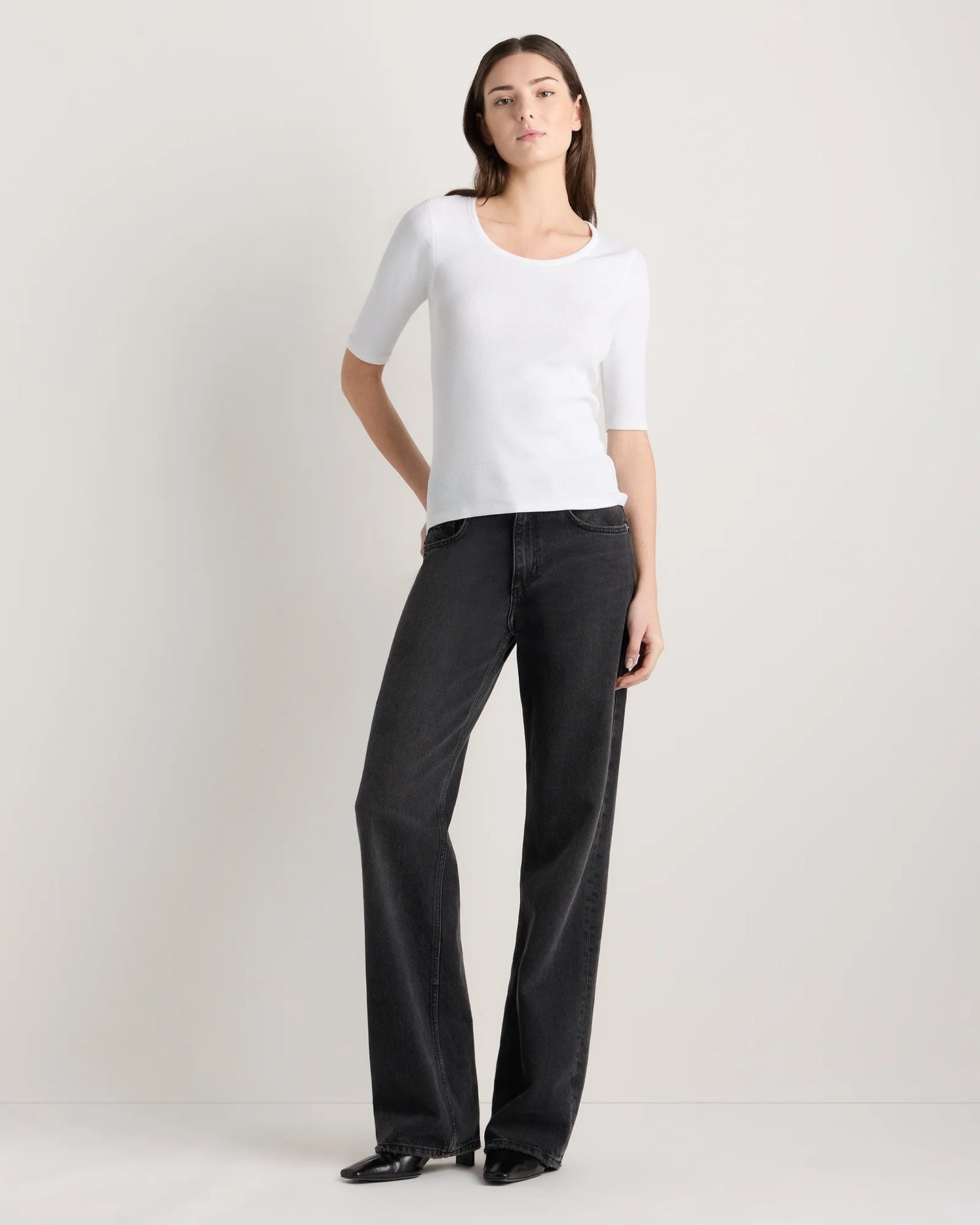 Organic Cotton Micro-Rib Elbow Sleeve Tee - XS / Moonstone Blue