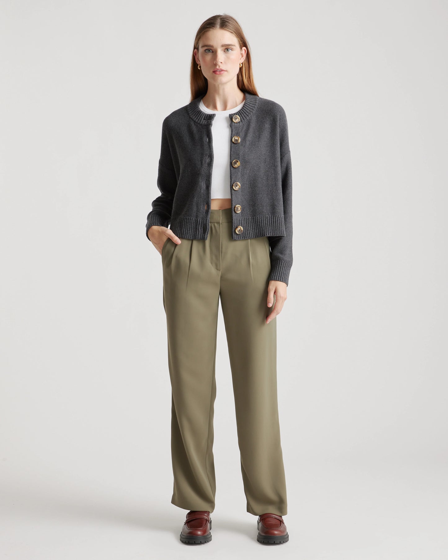 100% Organic Cotton Cropped Cardigan - XS / Heather Brown
