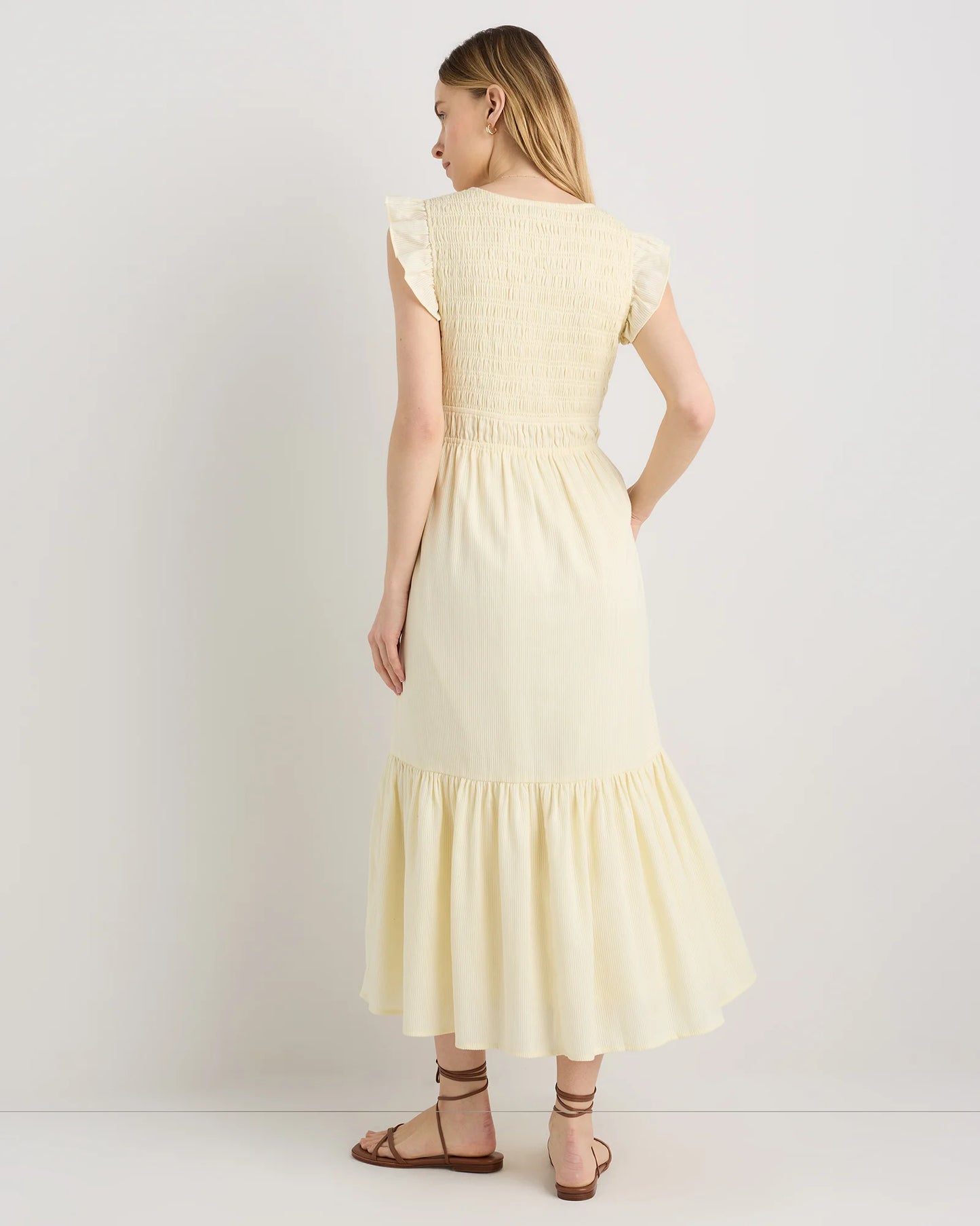Organic Textured Cotton Smocked V-Neck Midi Dress - XS / Pale Custard Yellow