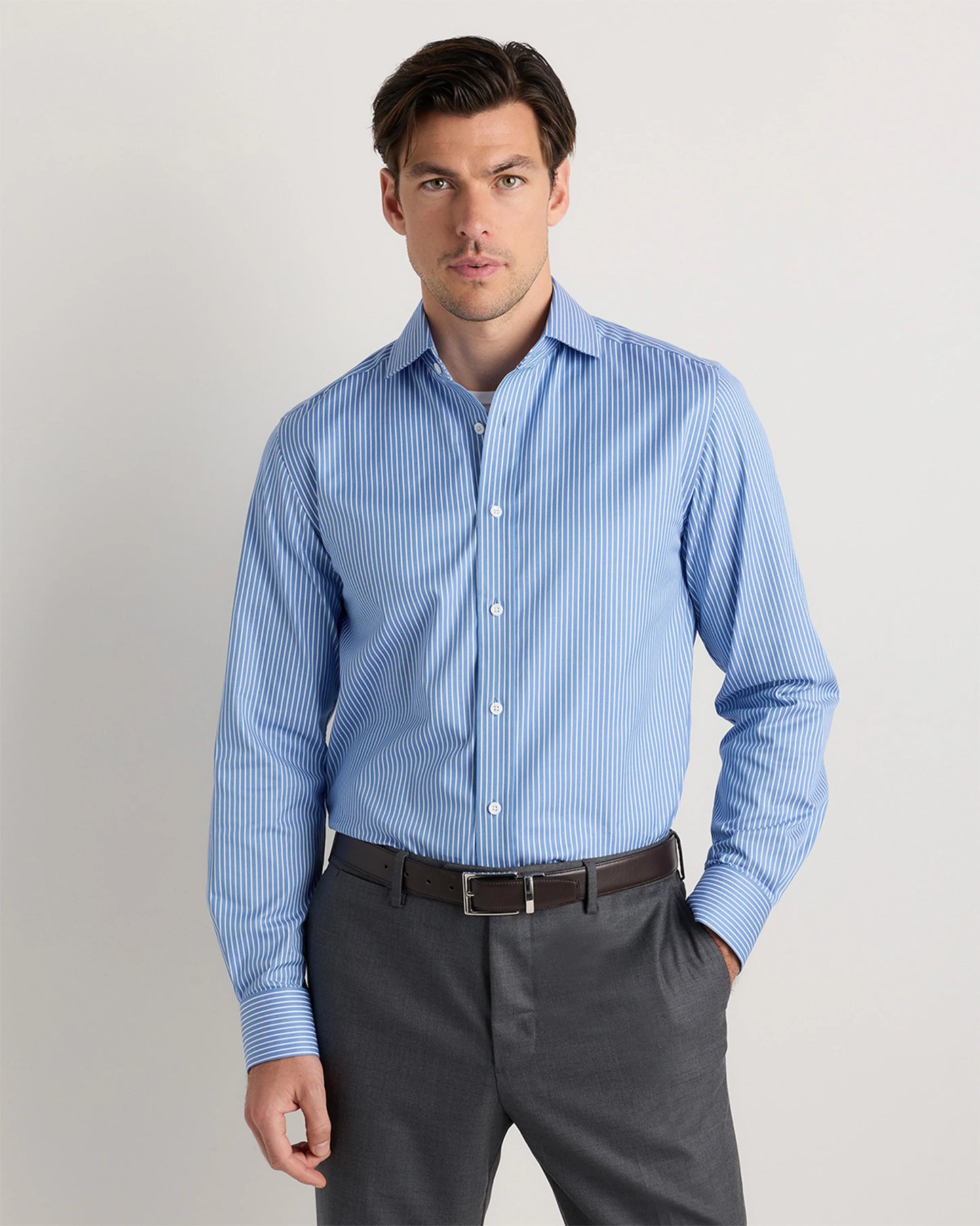 Organic Cotton Stretch Twill Dress Shirt - S / Grey Stripe